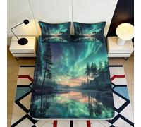 3D Printed Northern Lights Fitted Sheet Microfiber Soft Forest Lake Mattress Cover Bedroom Decor 90x200x25cm