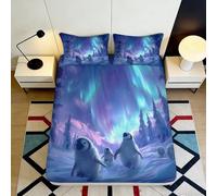 3D Printed Northern Lights Fitted Sheet Microfiber Soft Polar Bear Mattress Cover Bedroom Decor Dustproof 90x200x25cm