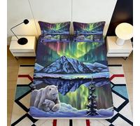 3D Printed Northern Lights Fitted Sheet Microfiber Soft Polar Bear Mountain Mattress Cover for Bedroom Guest Room Decor 90x200x25cm