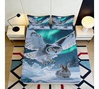 3D Printed Northern Lights Owl Fitted Sheet Microfiber Soft Breathable Arctic Rabbit Mattress Cover for Bedroom Decor 90x200x25cm