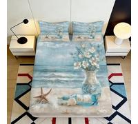 3D Printed Ocean Beach Fitted Sheet Microfiber Soft Blue Floral Sea Star Mattress Cover for Bedroom Guestroom 140x200x25cm