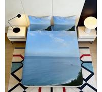 3D Printed Ocean Blue Fitted Sheet Microfiber Soft Breathable Seaside View Bed Cover for Bedroom Guest Room Decor 90x200x25cm