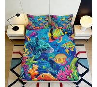 3D Printed Ocean Fish Pattern Fitted Sheet Microfiber Deep Pocket Sea Life Bedding Non-Slip Mattress Fitted Cover Washable 140x200x25cm