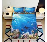 3D Printed Ocean Fitted Sheet Microfiber Deep Pocket Non-Slip Bedroom Bedding Set Sea Life Mattress Fitted Cover Soft Washable for Adults 120x200x25cm