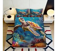 3D Printed Ocean Life Fitted Sheet Microfiber Deep Pocket Non-Slip Bedroom Bedding Sea Turtle Mattress Fitted Cover Washable 140x200x25cm