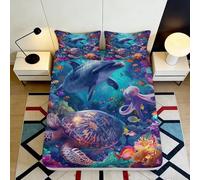 3D Printed Ocean Life Pattern Fitted Sheet Microfiber Deep Pocket Non-Slip Bedroom Bedding Set Marine Mattress Fitted Cover Washable Protection 140x200x25cm