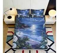 3D Printed Ocean Moonlight Fitted Sheet Microfiber Deep Pocket Non-Slip Bedroom Bedding Nature Scenery Mattress Fitted Cover 160x200x25cm