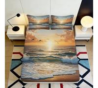 3D Printed Ocean Sunset Fitted Sheet Microfiber Soft Breathable Seaside Beach Mattress Cover Bedroom Home Decor 90x200x25cm