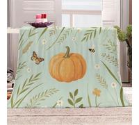3D Printed Orange Pumpkin Butterfly Bee Flannel Fleece Blanket （270GSM） Autumn Harvest Super Cozy 150x200 cm Double Size Fade Resistant Home Decor Gift - Machine Washable