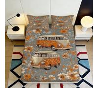 3D Printed Orange Vintage Camper Van Fitted Sheet Microfiber Retro Flower Bed Cover for Bedroom Dorm Mattress Protection 90x200x25cm