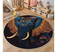 3D Printed Painted Elephant Illustration Animal Black Blue Round Area Rug Circular Carpet Soft Non-Slip Washable Mat Low Pile Rug Anti-Slip Carpet For Living Room Bedroom Decoration,200Cm