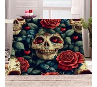 3D Printed Painted Skull And Red Roses-15 Flannel Fleece Blanket （270GSM） Retro Dark Style Super Cozy 220x240 cm Queen Size Fade Resistant Home Decor Gift - Machine Washable