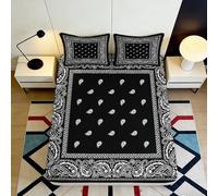 3D Printed Paisley Black Fitted Sheet Microfiber Soft Bedroom Decor Floral Bed Cover Anti-Slip Machine Washable for Home 90x200x25cm