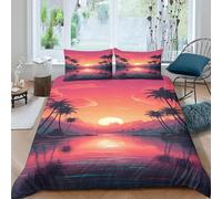 3D Printed Palm Tree and Sunset Super King Duvet Cover Set 3 Piece Microfibre Bedding Set Natural Scenery Quilt Cover 260x220 cm with 2 Pillowcases 50x75 cm and Zipper Closure k.210