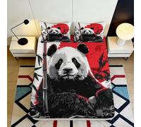 3D Printed Panda Bamboo Fitted Sheet Microfiber Breathable Red Black Bed Cover for Bedroom Guest Room Dorm Decor 90x200x25cm