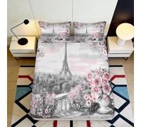 3D Printed Paris Eiffel Tower Fitted Sheet Microfiber Grey Pink Floral Bed Cover for Bedroom Dorm Mattress Decor 90x200x25cm