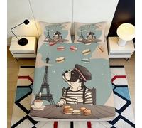 3D Printed Paris French Bulldog Fitted Sheet Microfiber Non-Slip Deep Pocket Bedroom Bedding Paris Mattress Fitted Cover Washable 160x200x25cm