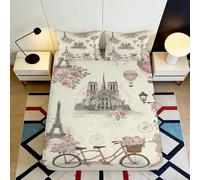 3D Printed Paris Theme Fitted Sheet Microfiber Deep Pocket All-Age Bedroom Bedding Paris Style Mattress Fitted Cover Elastic Edge 160x200x25cm