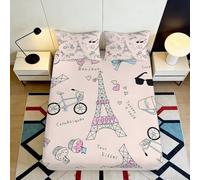 3D Printed Paris Theme Fitted Sheet Microfiber Non-Slip Deep Pocket Bedroom Bedding Paris Mattress Fitted Cover Machine Washable 160x200x25cm