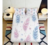 3D Printed Pastel Feather Fitted Sheet Microfiber Soft Blue Pink Leaf Bed Sheet for Bedroom Dorm Mattress Protection Decor 90x200x25cm