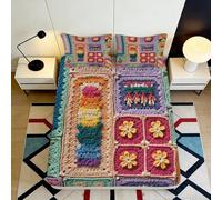 3D Printed Patchwork Crochet Fitted Sheet Microfiber Soft Colorful Flower Bed Cover for Bedroom Dorm Mattress Decor 90x200x25cm