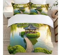 3D Printed Pavilion in the Lake Single Duvet Cover Set 3 Piece Microfibre Bedding Set Autumn Scenery Quilt Cover 150x200 cm with 2 Pillowcases 50x75 cm and Zipper Closure l.1363