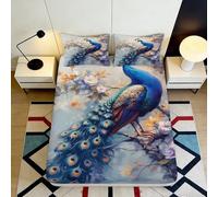 3D Printed Peacock Art Fitted Sheet Microfiber Anti-Slip Bed Cover Blue Floral Mattress Protector for Bedroom Home 90x200x25cm
