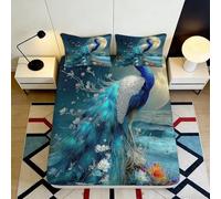 3D Printed Peacock Blue Fitted Sheet Microfiber Soft Slip-Resistant Artistic Feather Bed Cover for Bedroom Guest Room Mattress Protection 90x200x25cm