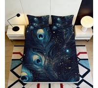 3D Printed Peacock Feather Fitted Sheet Microfiber Soft Dark Blue Galaxy Mattress Cover Bedroom Decor Washable 90x200x25cm
