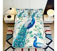 3D Printed Peacock Garden Fitted Sheet Microfiber Soft Blue Feather Mattress Cover for Bedroom Guest Room Decor 90x200x25cm