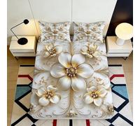 3D Printed Pearl Flower Fitted Sheet Microfiber Soft Elegant Golden Blossom Bed Cover for Bedroom Guest Room Decor 90x200x25cm