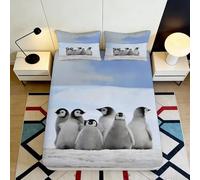 3D Printed Penguin Family Fitted Sheet Microfiber Soft Breathable Arctic Landscape Mattress Cover for Bedroom Guest Room Decor 90x200x25cm