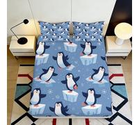 3D Printed Penguin Iceberg Fitted Sheet Microfiber Soft Anti-Slip Bedroom Bed Cover for Home Dorm Decor Easy Care 90x200x25cm