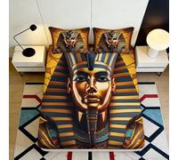 3D Printed Pharaoh Mask Fitted Sheet Microfiber Golden Egyptian King Mattress Cover Bedroom Decor Anti-Slip Washable 140x200x25cm