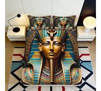 3D Printed Pharaoh Mask Fitted Sheet Microfiber Soft Gold Blue Egyptian Art Mattress Cover for Bedroom Guest Room 120x200x25cm