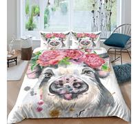 3D Printed Pig with flowers Bedding Cover Polyester Watercolor animal art Bed Cover Breathable Durable Easy Care Stain Resistant Machine Washable for All Season Bedding Use Super king（260x220cm）