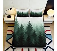 3D Printed Pine Forest Fitted Sheet Microfiber Deep Pocket Full Wrap Bedding, Non-Slip Evergreen Mattress Fitted Cover, Washable for Bedroom 140x200x25cm