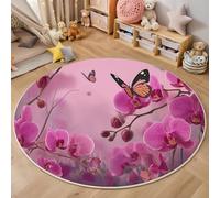 3D Printed Pink Black Orchid Butterfly Round Area Rug Circular Carpet Soft Non-Slip Washable Mat Low Pile Rug Insect Plants Anti-Slip 3D Carpet For Living Room Bedroom Decoration,140Cm