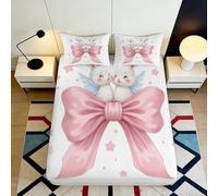3D Printed Pink Bow Angel Bunny Fitted Sheet Microfiber Non-Slip Mattress Cover Washable Bedroom Decor for All Ages 180x200x25cm