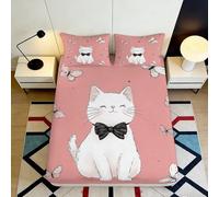 3D Printed Pink Cat Bow Tie Fitted Sheet Microfiber Bedroom Decor Butterfly Mattress Cover for Home Dorm 90x200x25cm