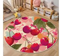 3D Printed Pink Cherry Green Leaves Round Area Rug Circular Carpet Soft Non-Slip Washable Mat Low Pile Rug Retro Fruit Anti-Slip 3D Carpet For Living Room Bedroom Decoration,160Cm