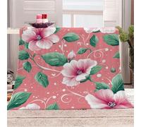 3D Printed Pink Flowers And Green Leaves-2 Flannel Fleece Blanket （270GSM） Elegant And Romantic Super Cozy 220x240 cm Queen Size Fade Resistant Home Decor Gift - Machine Washable