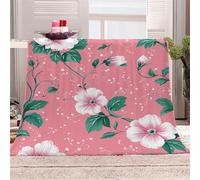 3D Printed Pink Flowers And Green Leaves-4 Flannel Fleece Blanket （270GSM） Elegant And Romantic Super Cozy 220x240 cm Queen Size Fade Resistant Home Decor Gift - Machine Washable