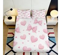 3D Printed Pink Heart Bow Fitted Sheet Microfiber Deep Pocket Non-Slip Bedroom Bedding Adult Mattress Fitted Cover Washable 200x200x25cm