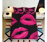3D Printed Pink Lips Fitted Sheet Microfiber Soft Black Kiss Pattern Mattress Cover for Bedroom Guest Room Decor 90x200x25cm