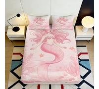 3D Printed Pink Mermaid Fitted Sheet Microfiber Soft Anti-Slip Sea Star Bed Cover for Bedroom Dorm Mattress Decor 140x200x25cm