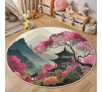 3D Printed Pink Mountain Cherry Blossoms Round Area Rug Circular Carpet Soft Non-Slip Washable Mat Low Pile Rug Japanese Landscape Anti-Slip 3D Carpet For Living Room Bedroom Decoration,100Cm