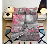3D Printed Pink Paris Eiffel Tower Fitted Sheet Microfiber Bedroom Decor Grey Mattress Cover for Home Guest Room Dorm 90x200x25cm