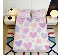 3D Printed Pink Purple Hearts Fitted Sheet Microfiber Soft Breathable Floral Bed Cover for Bedroom Dormitory Guest Room Mattress Protection Decor 180x200x25cm