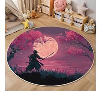 3D Printed Pink Sakura Samurai Round Area Rug Circular Carpet Soft Non-Slip Washable Mat Low Pile Rug Anime Characters Anti-Slip Carpet For Living Room Bedroom Decoration,140Cm
